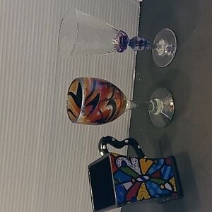 🎯3 FOR $30🎯🍷Murano style Goblet handblown/Britto 2008 Butterfly mug lot